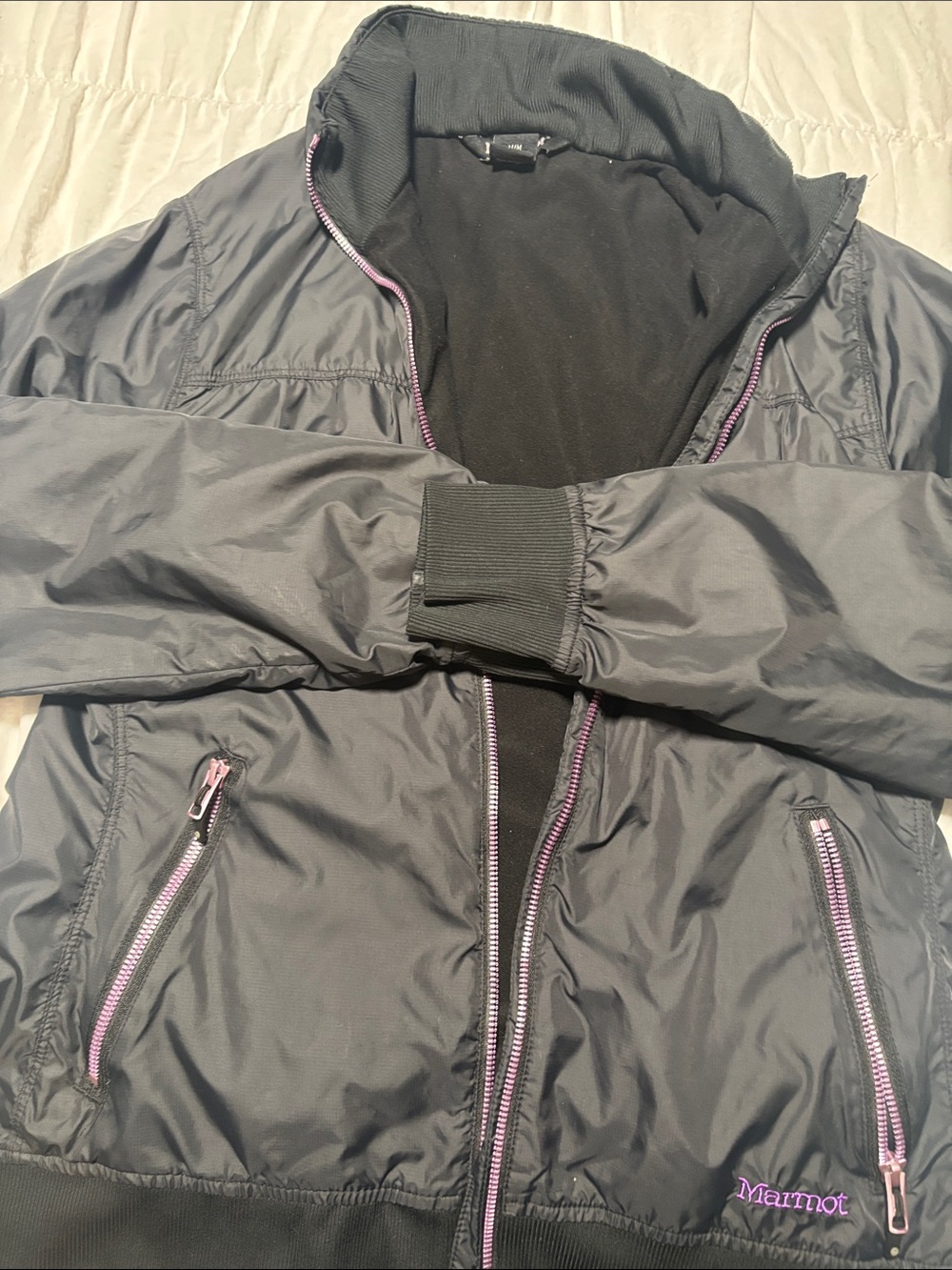 Marmot Black Jacket with Purple Zipper Accents